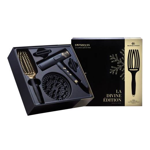 Coffret sèche-cheveux Divine Édition + brosse Fingerbrush Noir & Or de la marque Swissliss