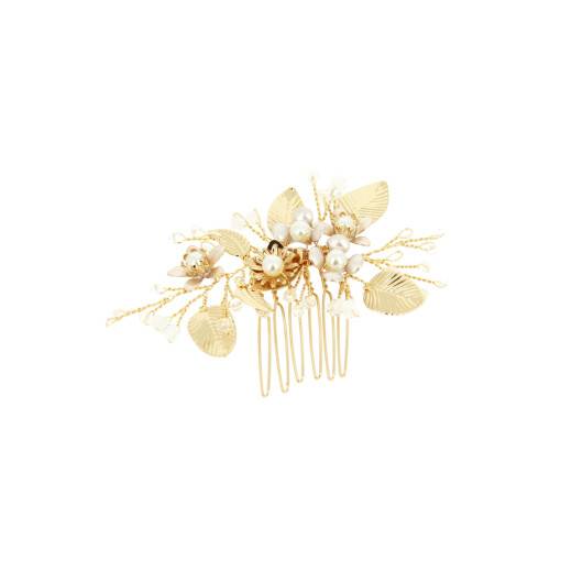 Peigne barrette mariage doré à fleurs et perles de la marque Coiffeo