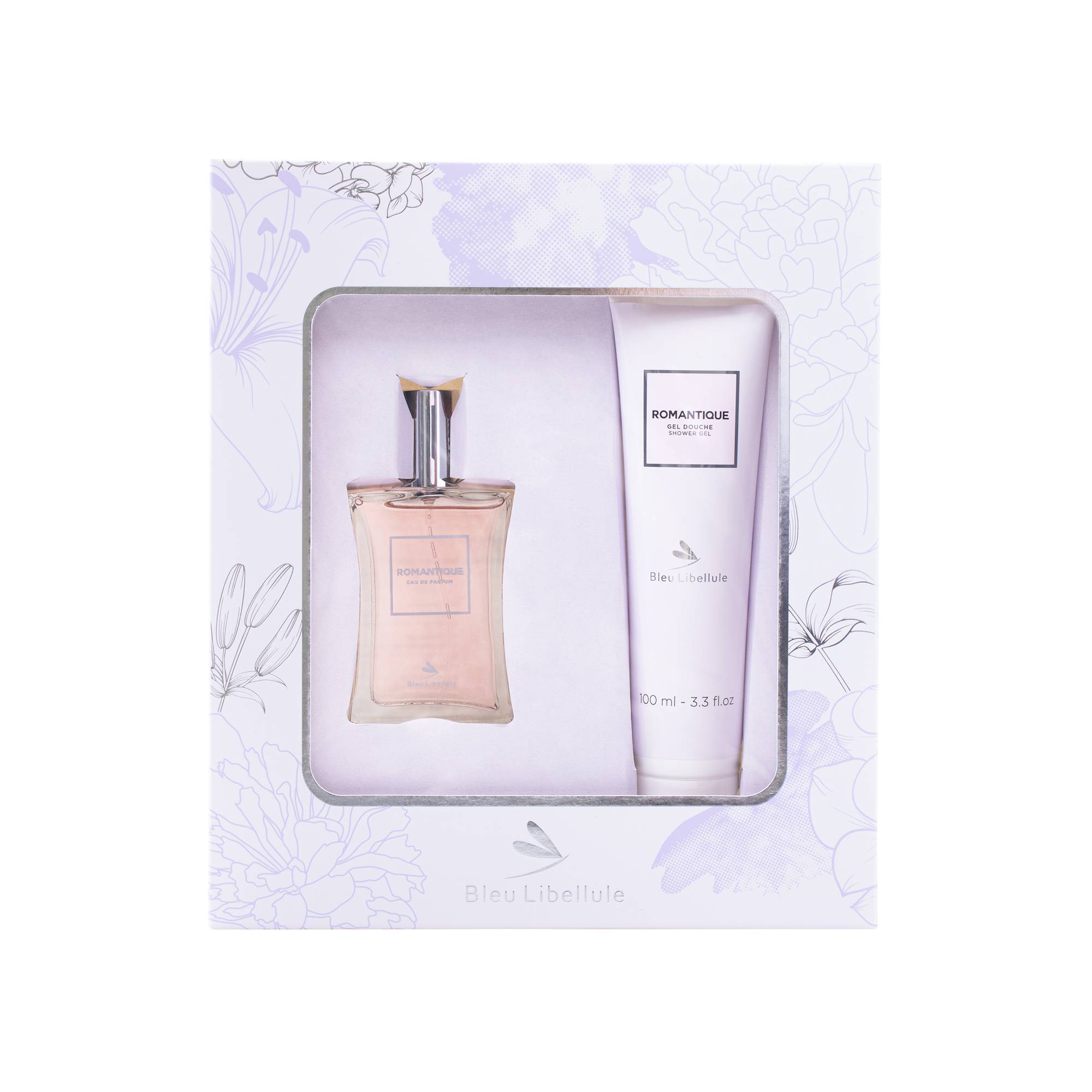Coffret eau de parfum et gel douche Romantique de la marque Bleu Libellule Contenance 150ml - 1