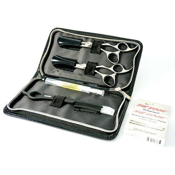 Kit gaucher ciseaux + effileur + soft edge + lames + huile de la marque Olivia Garden - 1