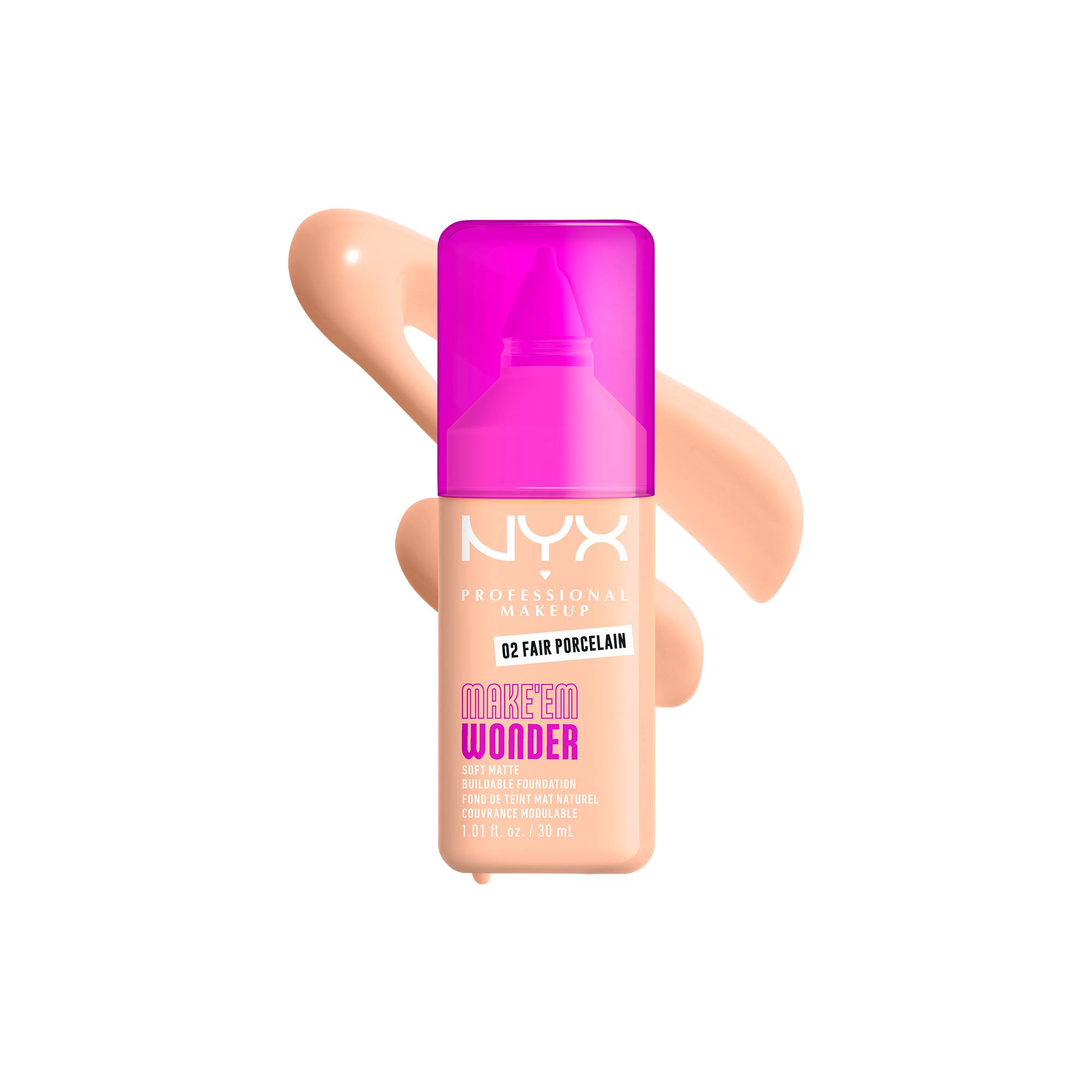 Fond de teint mat naturel couvrance modulable Make'em Wonder - 02 Fair Porcelain de la marque NYX Professional Makeup Contenance 30ml - 1