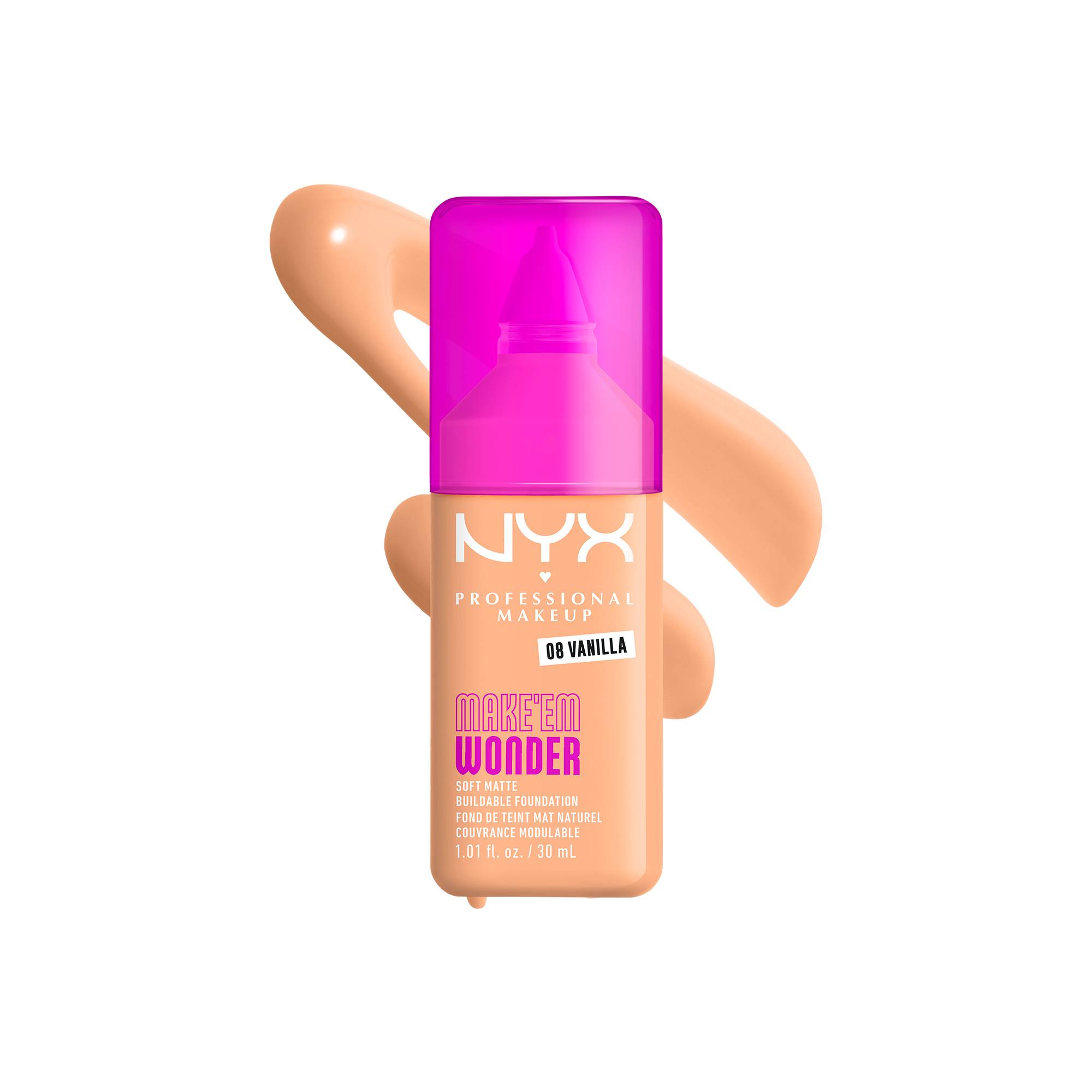 Fond de teint mat naturel couvrance modulable Make'em Wonder - 08 Vanilla de la marque NYX Professional Makeup Contenance 30ml - 1