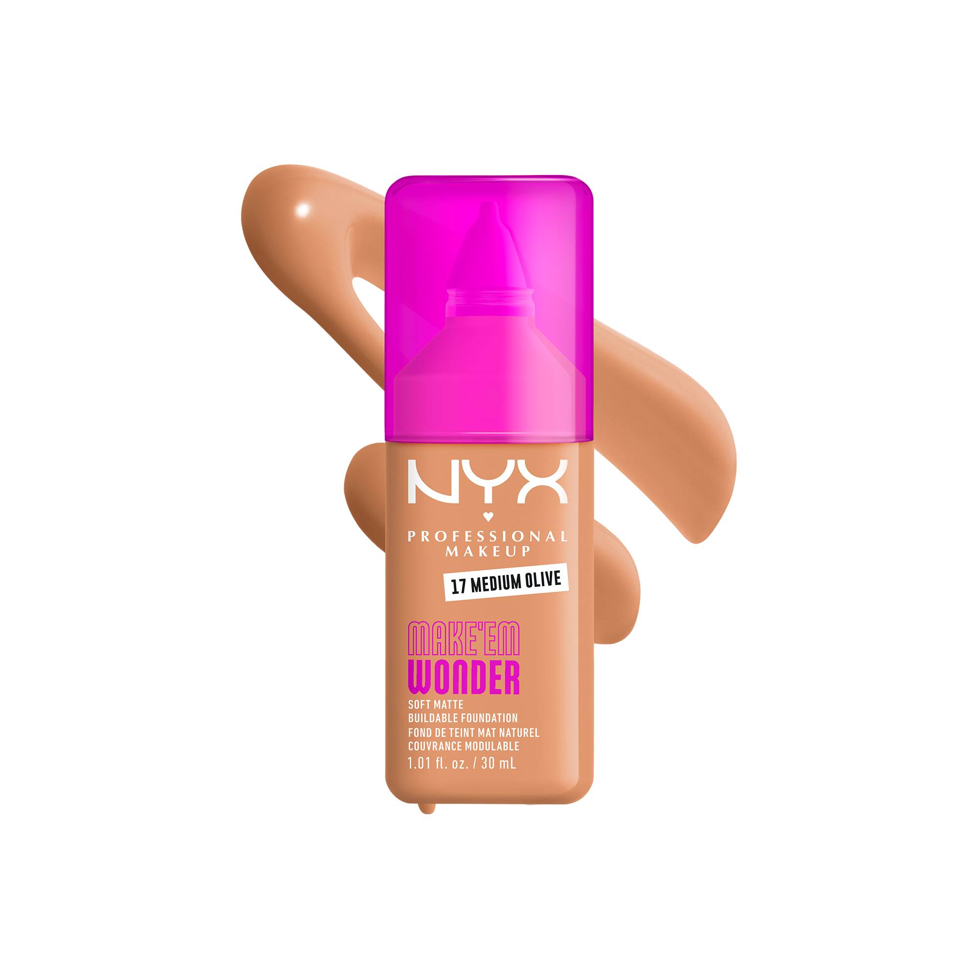 Fond de teint mat naturel couvrance modulable Make'em Wonder - 17 Medium Olive de la marque NYX Professional Makeup Contenance 30ml - 1