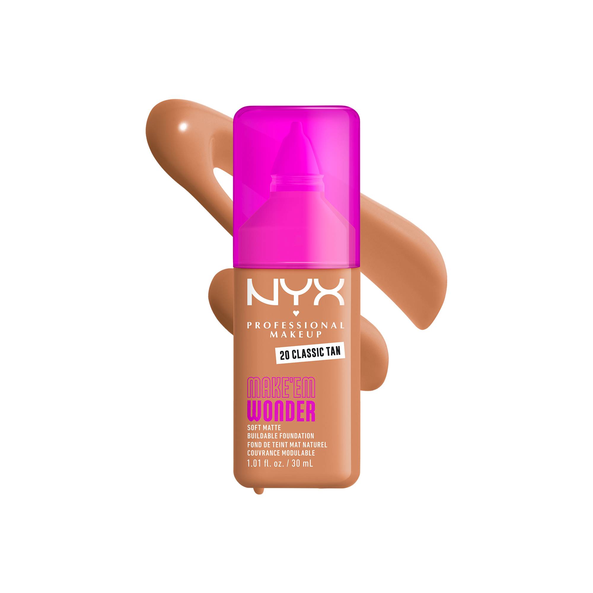 Fond de teint mat naturel couvrance modulable Make'em Wonder - 20 Classic Tan de la marque NYX Professional Makeup Contenance 30ml - 1