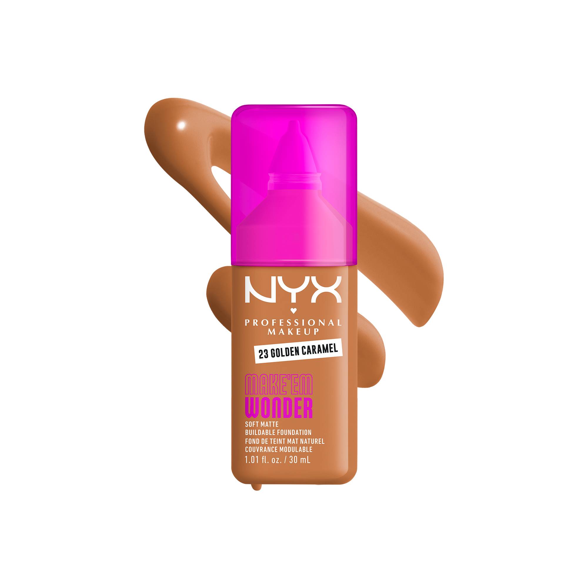 Fond de teint mat naturel couvrance modulable Make'em Wonder - 23 Golden Caramel de la marque NYX Professional Makeup Contenance 30ml - 1