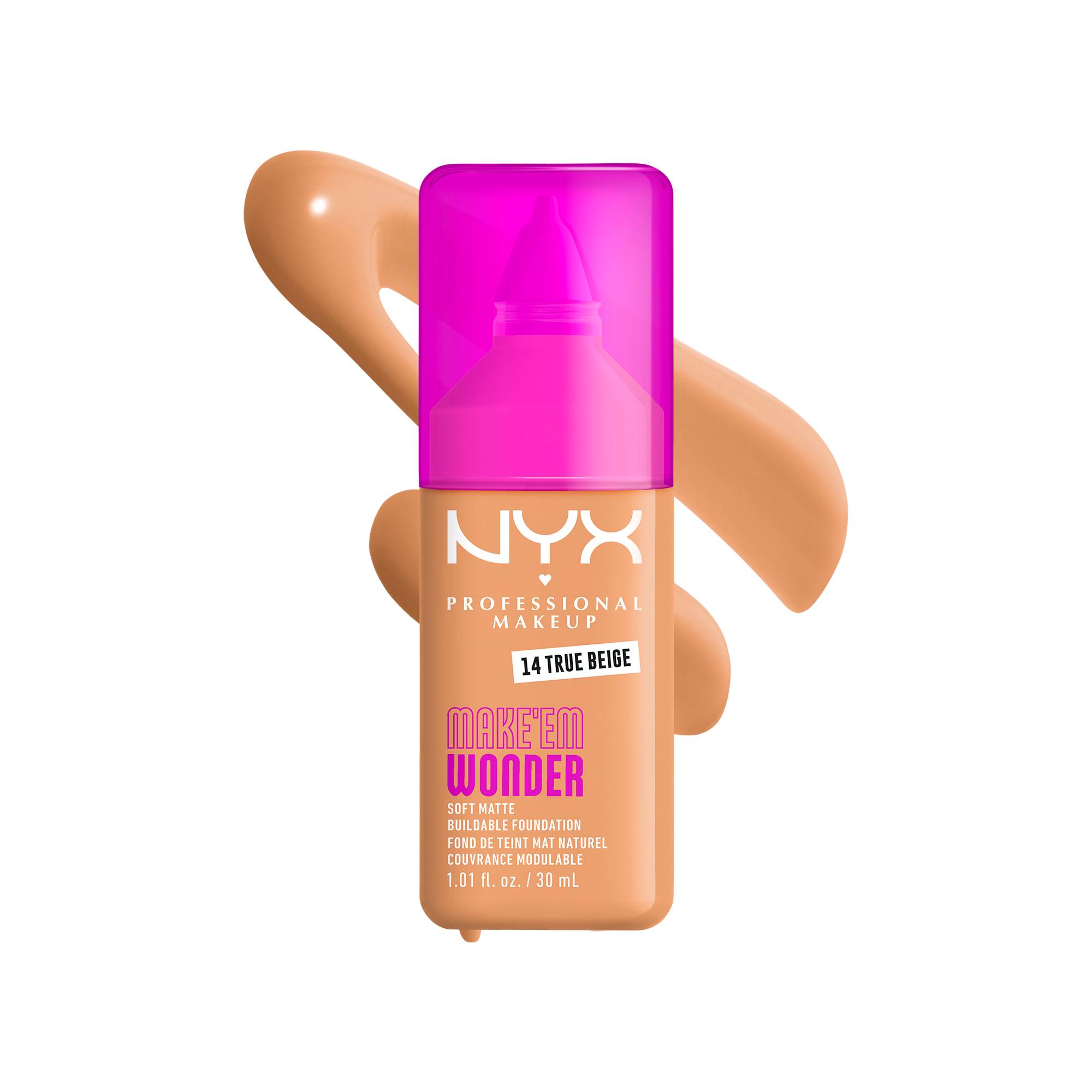 Fond de teint mat naturel couvrance modulable Make'em Wonder - 14 True Beige de la marque NYX Professional Makeup Contenance 30ml - 1