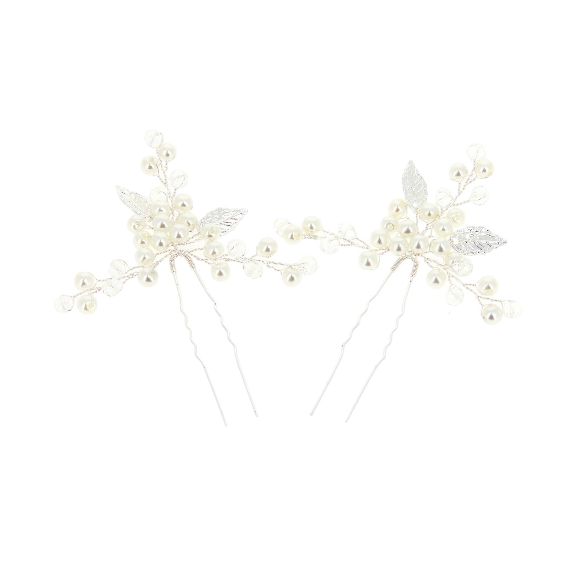 Lot de 2 épingles à chignon feuilles argentées et perles de la marque Coiffeo - 1