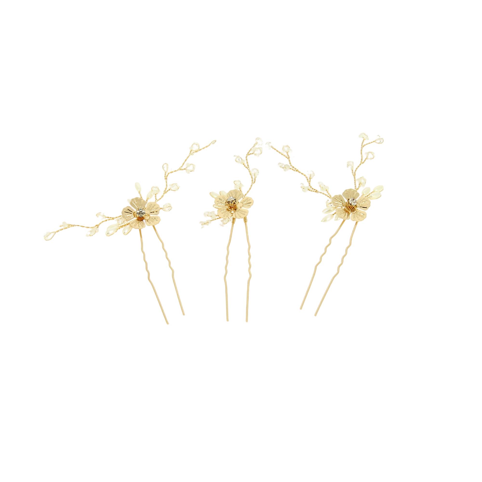 Lot de 3 épingles à chignon fleurs dorées et perles de la marque Coiffeo - 1